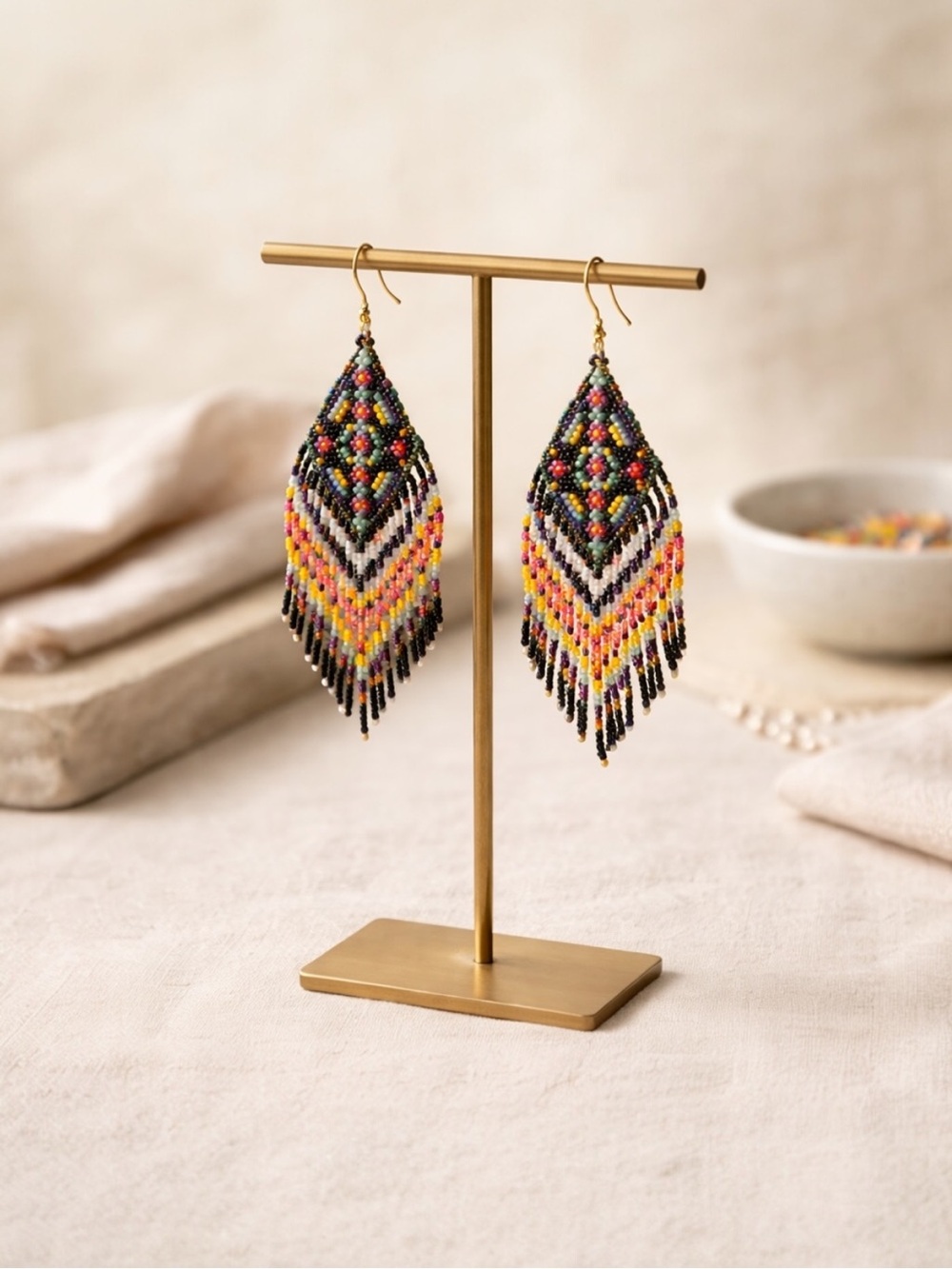 Western Boho Beaded Fringe Earrings Black Pink Purple Southwest